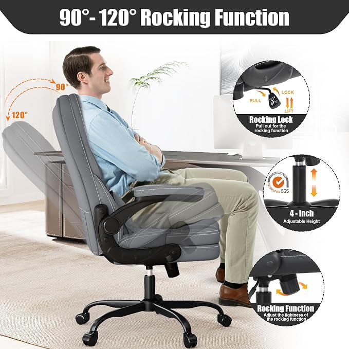 Ergonomic Office Chair with Flip-up Armrests, 300lbs Mid Back Computer Office Desk Chair with Lumbar Support, Executive Leather Chair with Rocking Function Adjustable Height for Home Office