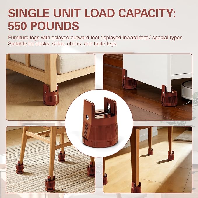 Adjustable Furniture Risers,Heavy Duty Bed Risers, 2.36 in to 3.15 in Leg Lifts with Clamp Design, Heavy Duty Clamp On Levelers for Chair Table Sofa Cabinet Legs (Brown)