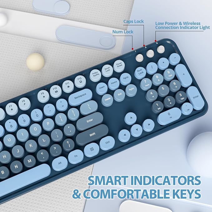 Fogruaden Blue Keyboard and Mouse Wireless, Retro Typewriter Keyboard, 2.4GHz 104 Keys Full Size Cute Keyboard with Number Pad, Gradient Colorful Round Keycaps for Windows PC Desktops Laptop