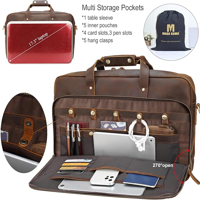 Masa Kawa Leather Briefcase for Men 17/15.6" Laptop Crossbody Shoulder Messenger Bag Business Travel Work Attache Case
