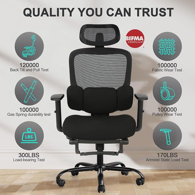Ergonomic Office Chair with Footrest, Mesh Desk Chair with Adjustable Headrest & Armrests & Dynamic Floating Wing Lumbar Support, High Back Computer Chair for Home Office, BIFMA Certified, Black