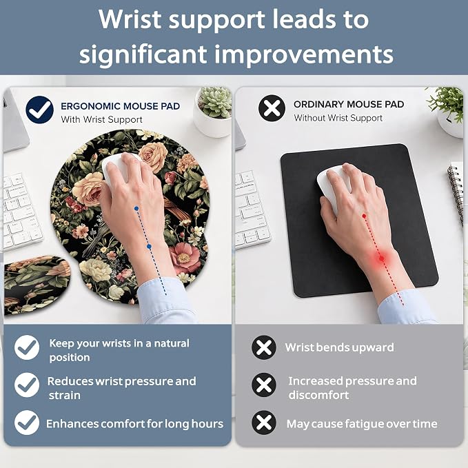 Vintage Rose Peony Floral Keyboard Wrist Rest Pad Ergonomic Mouse Pad Set,Bird 3 in 1 Memory Foam Mouse Pad with Non Slip Base for Office and Home