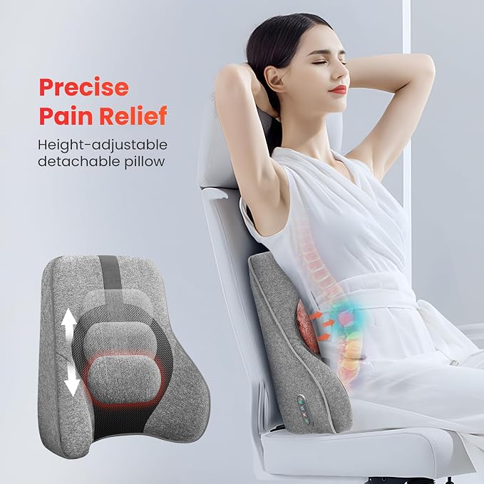 COMFIER Lumbar Support Pillow for Office Chair with 4 Shiatsu Massage Heads & Heat, Memory Foam Back Support for Computer Gaming Chair - Dark Gray