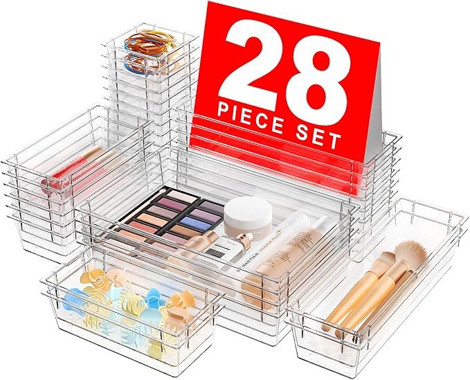 A-LuGei 【Military Grade】 Drawer Organizer, 【𝟱𝗦𝗶𝘇𝗲】 Makeup organizer, 【Holds 177 Items】 Bathroom Organizers and Storage, Organization and Storage, Desk Drawer Organizer for Vanity (Clear)