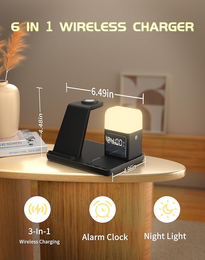 Wireless Charger for iPhone, 6in1 Fast Phone Charger Stand Dock Alarm Clock Night Light, Wireless Charging Station for Apple Watch, for Airpods 3/2/Pro, for iPhone 17/1615/14/13/12/11/Pro/Max (Black)