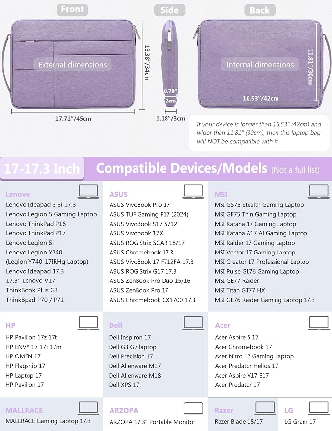 HYZUO 17-17.3 Inch Laptop Sleeve Bag Briefcase for 17" 17.3" HP/Dell/Lenovo/ASUS/LG/MSI Gaming Laptop/Razer Blade 17/18, Men Women NoteBook Protective Case Bag, Lilac Purple