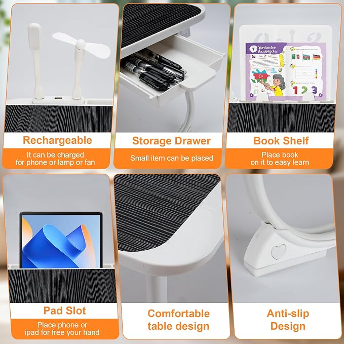 Laptop Desk for Bed, Adjustable Height Laptop Bed Table, Foldable Lap Desk with USB Charge Port, Desktop Card Slot, Side Drawer, Book Shelf, Portable Lap Tray for Eating Reading Working Sofa & Floor