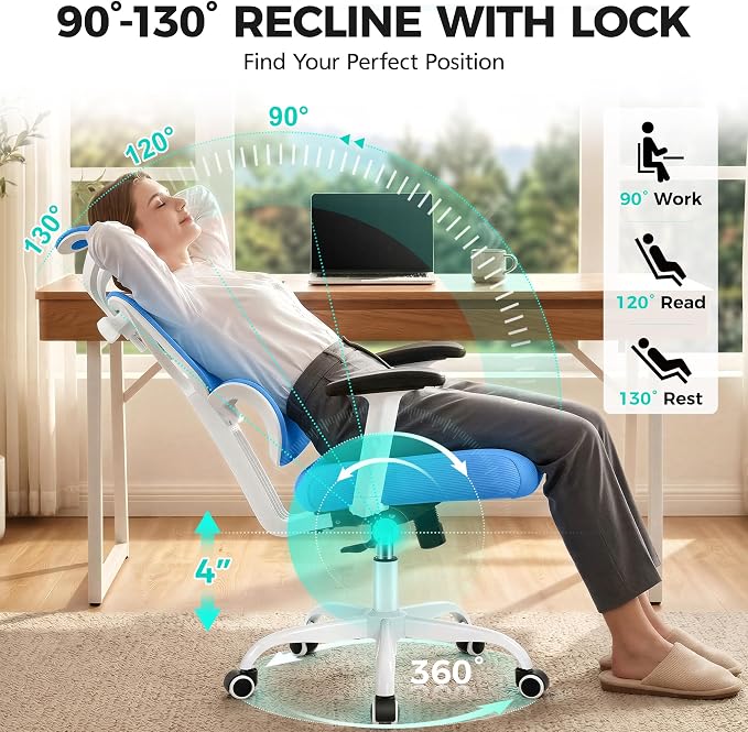 Ergonomic Office Chair High Back Desk Chair with Lumbar Support, Breathable Mesh Computer Chair with Adjustable Armrests Height, Reclining Swivel Big and Tall Gaming Chair for Home Office(Sky Blue)