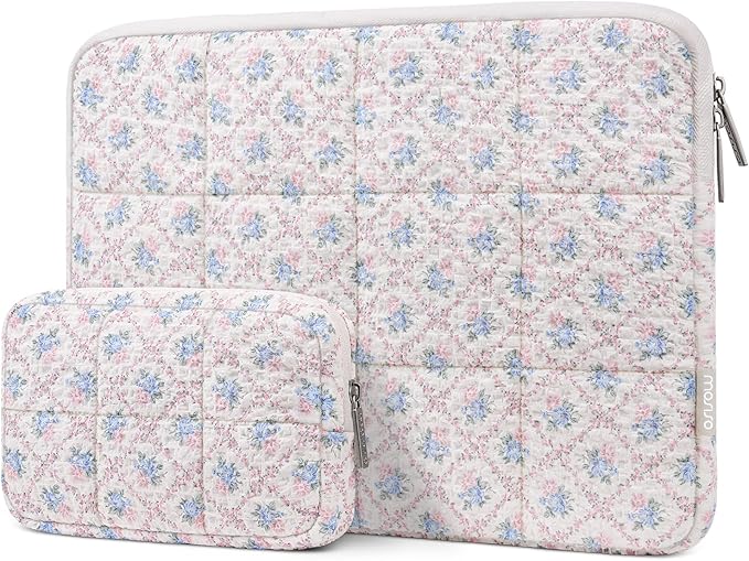 MOSISO 13-14 inch Laptop Case, 13.3 inch Puffy Laptop Sleeve Compatible with MacBook Air 13.6 M4 M3 M2 M1/Pro 13/Pro 14, HP Dell ASUS Lenovo, Square Quilted Carrying Bag with Small Case, Floral Grid