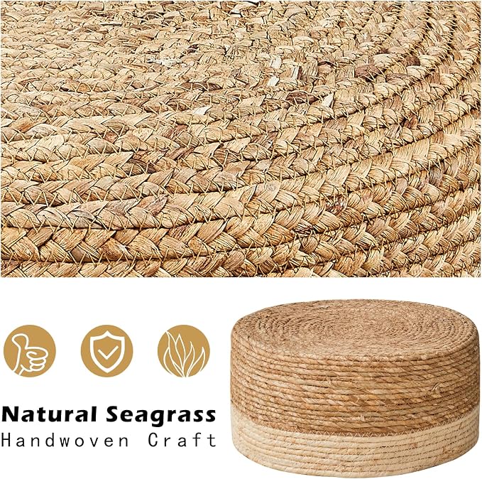 Cpintltr Foot Stool Natural Seagrass Hand Weave Poufs Round Ottoman for Couch Desk Soft Step Stool Padded Foot Rest with Non-Skid Pine Legs for Hallway Office Lounge Natural/White