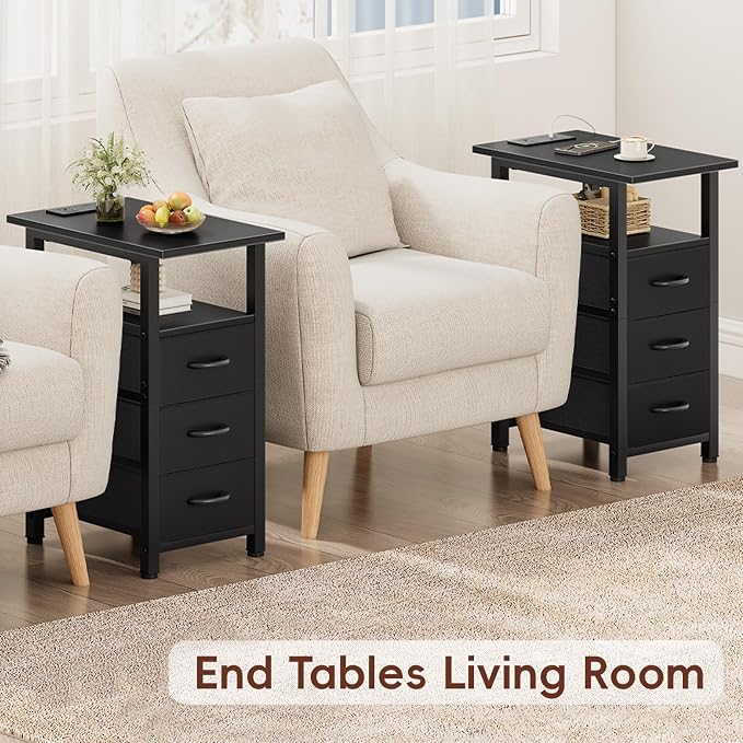 Vagusicc Black End Table with Charging Station, Narrow Side Table, 25.2'' Tall Narrow Nightstand with 3 Fabric Drawers, Slim Sofa Side Table for Small Spaces, Small Night Stand for Bedroom, Black