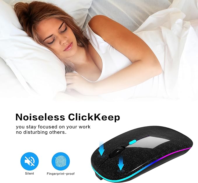 AIKOKOK Wireless Bluetooth Mouse, Rechargeable, Dual Mode Bluetooth 5.2 & 2.4G USB, LED Lights, Slim, Silent, Portable Computer Mouse for Laptop, PC, MacBook, iPad, Tablet (Black Pearl)