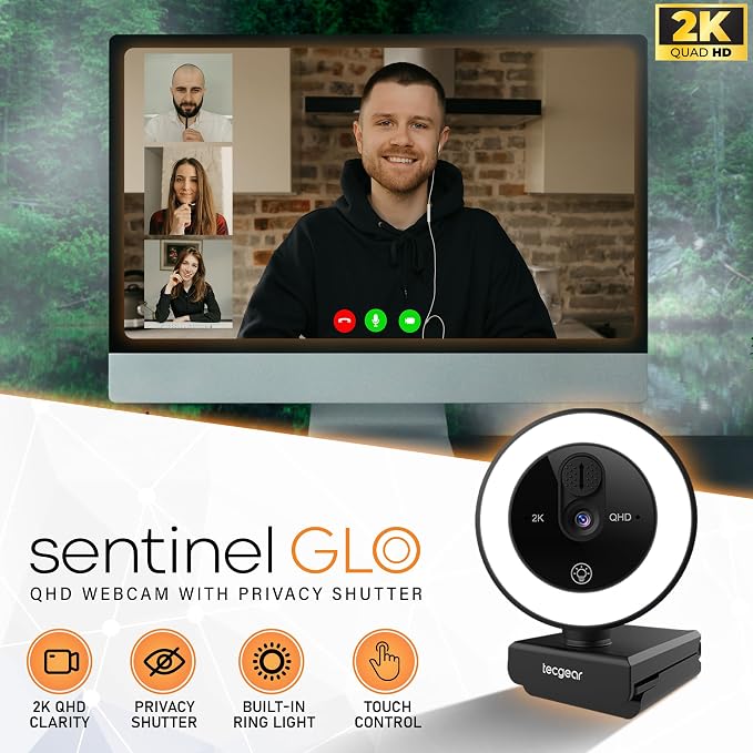 Sentinel GLO 2K Webcam with Light, Microphone, Touch Control, Autofocus, Privacy Shutter & 360° Adjustable | Camera for Computer, Laptop & Mac | USB Video Streaming for Zoom/Skype/Google Meet
