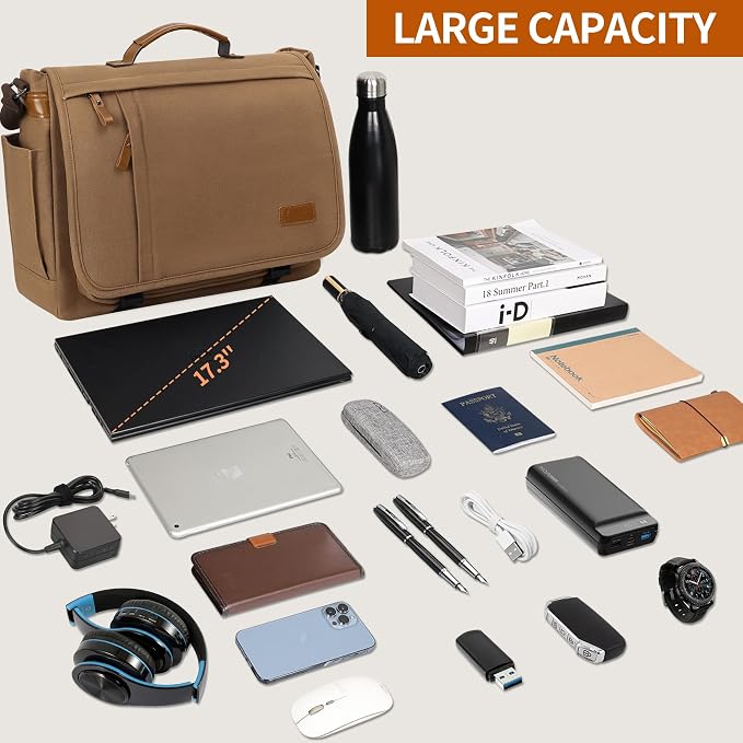 ESTARER Messenger Bag 17-17.3 Inch, Men's Computer Bag Water-resistant Canvas, Laptop Shoulder Bag for Travel Work College, Brown