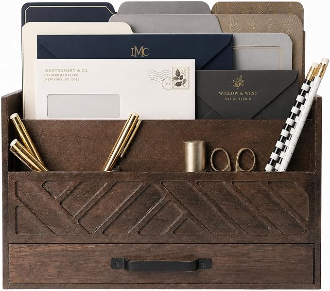 BLU MONACO | Wooden Mail Organizer with Drawer and Compartments | Mail Sorter Organizer Countertop for Desk Entryway | Outgoing Mail Holder Wood Desktop File Storage