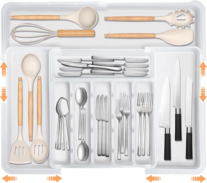 Spaclear Large Silverware Drawer Organizer Expandable Kitchen Utensil Organizer BPA Free Flatware Cutlery Holder Tray Adjustable Plastic Drawer Divider Storage for Forks Knives 6-9 Slots White