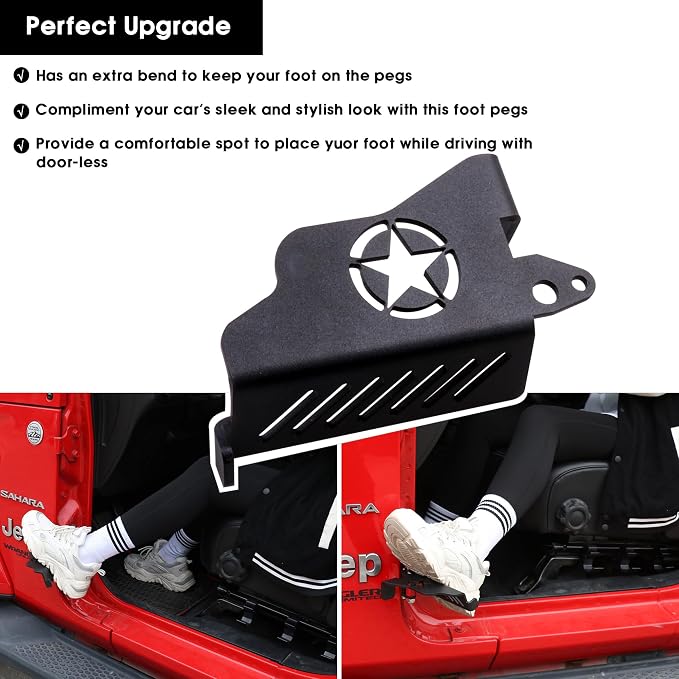 sukemichi Foot Pegs Doors Off for Jeep JK JL JT, Exterior Foot Rest Pedals Door Hinge Foot Pegs for 2007-2025 2026 Jeep Wrangler JK JL 4XE Gladiator JT Accessories, Steel, 1 Pair (Star)