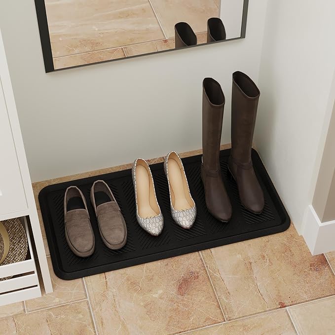 Ottomanson Heavy Duty Rubber Floor Mat – Non-Slip, Waterproof, Easy to Clean – Boot Tray Utility Mat for Shoes, Boots, Entryway, or Pet Feeding Area – Durable, Hose Washable – 16" x 32", Black