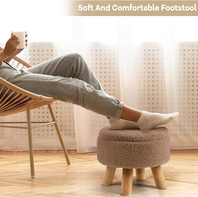 OGEMXU Ottoman Foot Rest, Small Round Ottoman with Storage, Boucle Teddy Velvet Footstool with Wood Legs, Soft Sponge Storage Ottoman for Living Room, Bedroom, Couch, Enterway (Camel Brown)