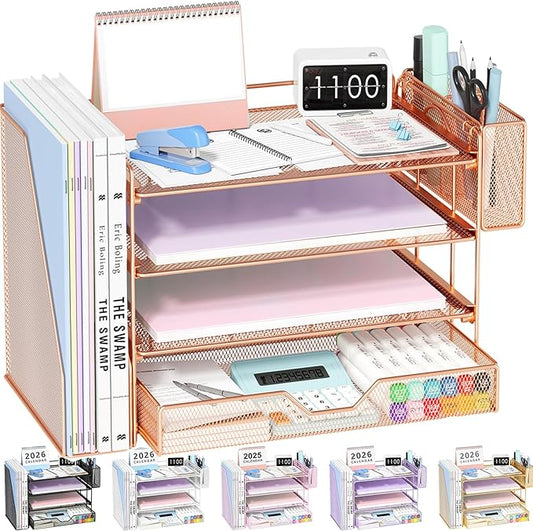OPNICE Desk Organizer with Drawer & Pen Holder, Office Desk Accessories and Office Decor for Women, 4-Tier Paper Tray File Organizer for Home Office Workspace Supplies, Rose Gold
