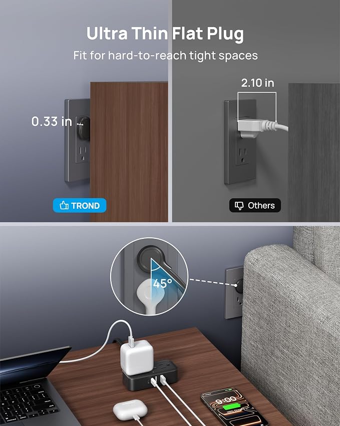TROND Flat Plug Power Strip 5FT, Small Flat Extension Cord with Multiple Outlets, 4 AC and 4 USB Ports (2 USB C), Wall Mount 900J Surge Protector for Home Office Travel Dorm Room Essentials, Black