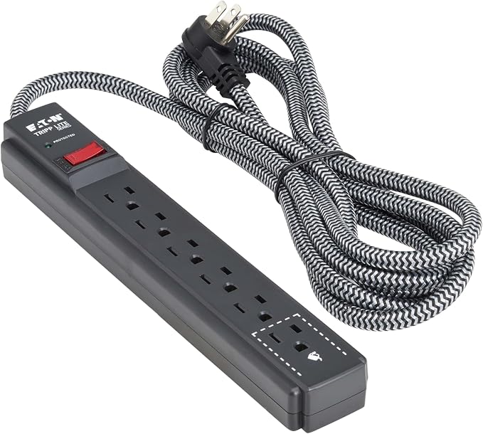 Eaton Tripp Lite Series 6-Outlet Surge Protector Power Strip, Flat Plug 25ft Braided Extension Cord, 1500 Joules, 15A Circuit Breaker, Lifetime Manufacturer's Warranty & $10,000 Insurance (TLP625DB)