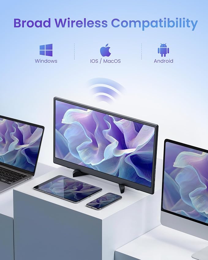 15.6" Wireless Portable Monitor, FHD 1080P IPS Travel Monitor for Laptop, Built-in G-Sensor, USB-C & HDMI, Foldable Stand, PU Protective Case, VESA Mount, Blue Light Protection