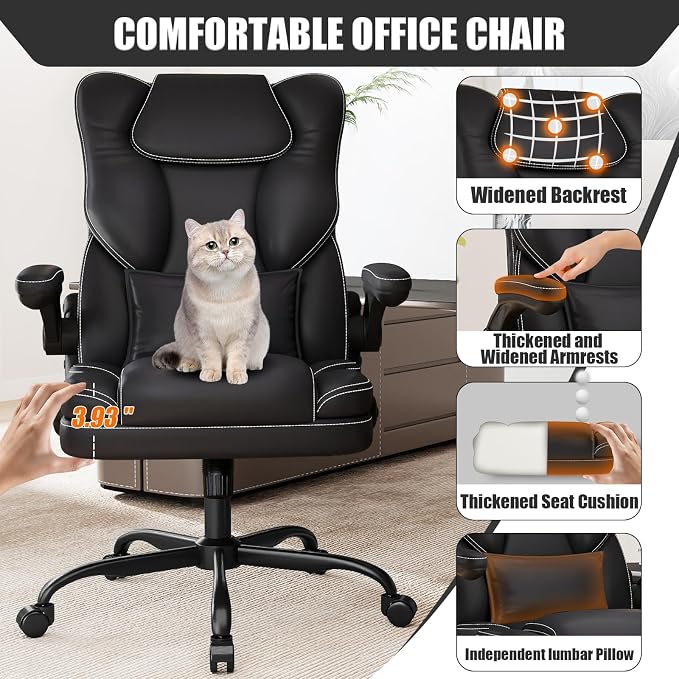 Ergonomic Office Chair with Flip-up Armrests, 300lbs Mid Back Computer Office Desk Chair with Lumbar Support, Executive Leather Chair with Rocking Function Adjustable Height for Home Office