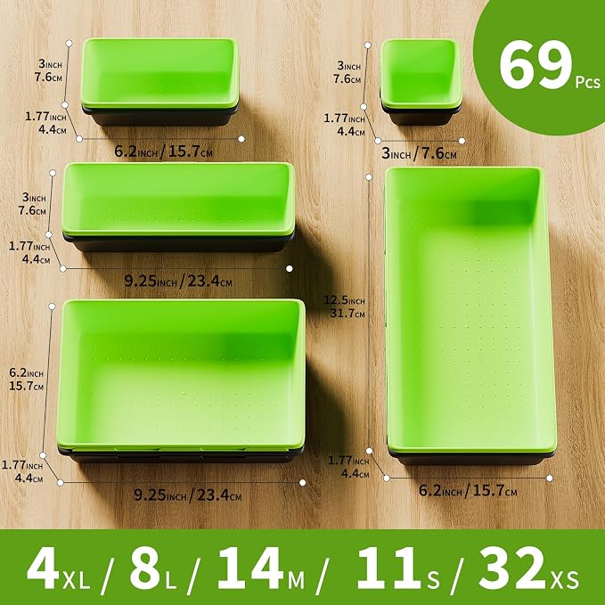 [5 Sizes] [69 PCS] Tool Drawer Organizer, Tool Box Tray, Desk Drawer Tray, Rolling Tool Chest, Toolbox (Black+Green)