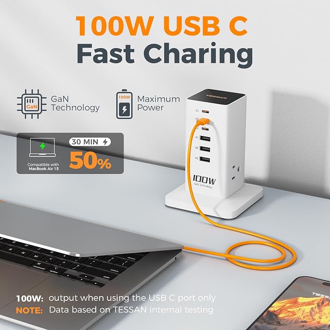 Charging Station for Multiple Devices, TESSAN 9-in-1 USB C Power Strip for iPhone 17/16/15, MacBook, Tablet, Desktop Phone Fast Charger with 3 AC, USB Charger, Home Drom Office Accessories, White-100W
