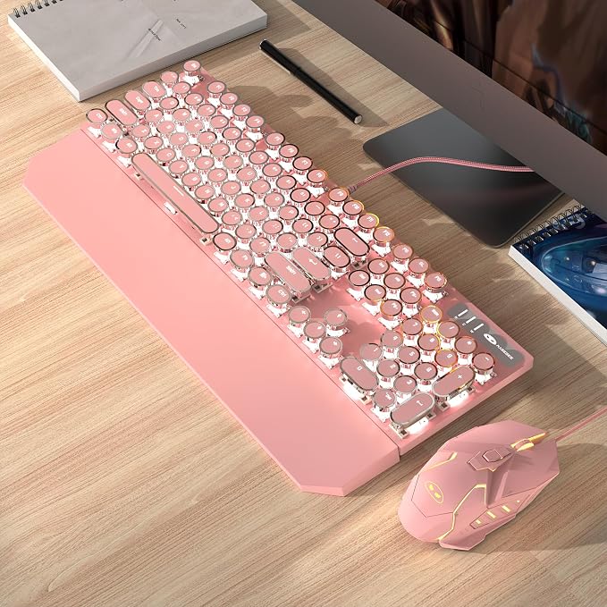Typewriter Mechanical Gaming Keyboard and Mouse Combo, Retro Punk Round Keycaps RGB Rainbow Backlit Wired Keyboard for Game and Office, for Windows Laptop PC, Red Switches(Pink)