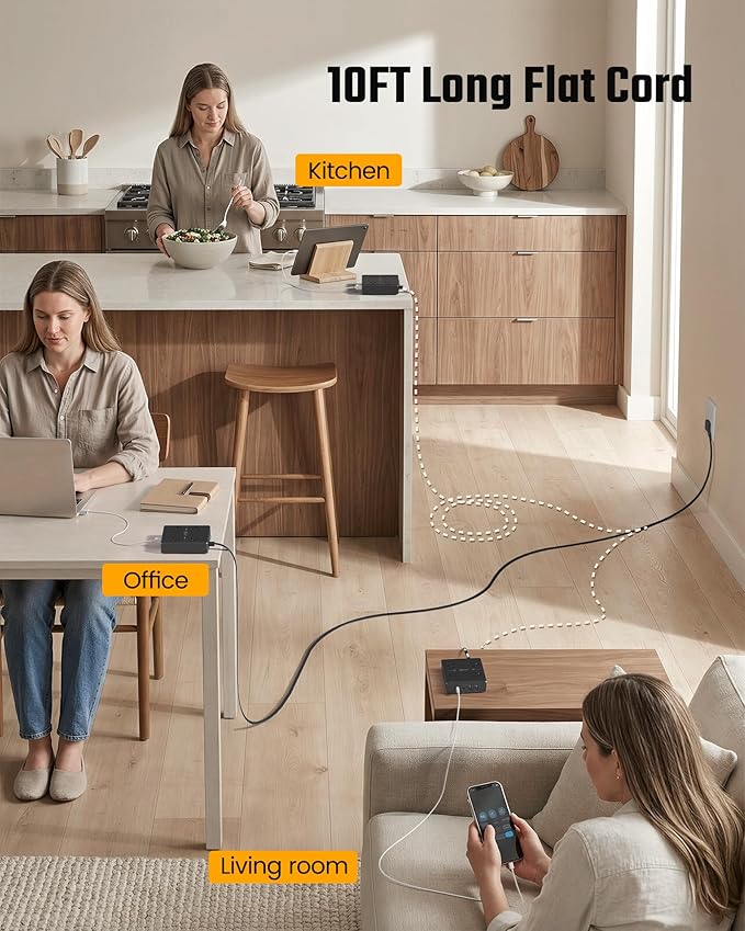 SUPERDANNY Flat Plug Power Strip Surge Protector 10 Ft Long Flat Extension Cord with 4 Outlets & 4 USB (2 USB-C) Charging Station for Home Office, College Dorm Room Essentials, Travel, Black