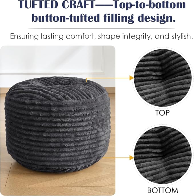 Round Ottoman,Corduroy Pouf Ottoman Foot Rest,Storage Footstool for Living Room,20x15 Soft Floor Poufs,Memory Foam Filling - Dark Grey, 20x15 in