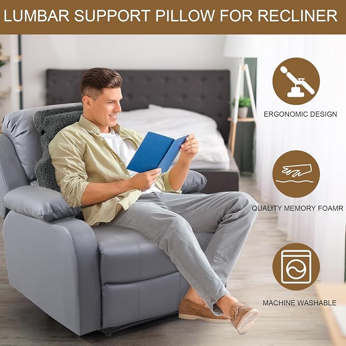 HOMBYS Sherpa Fleece Lumbar Support Pillow with Headrest for Recliner,Memory Foam Recliner Chair Cushion for Back Pain,Big High Back Support for Recliner with Chair Headrest for Elderly (Grey)
