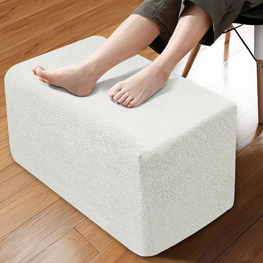 Rectangular Pouf Ottoman, Stuffed Floor Pouf with Foam Chunk Filling, Soft Coral Fleece Furry Foot Rest Stool, Multi-Use Ottoman for Living Room, White