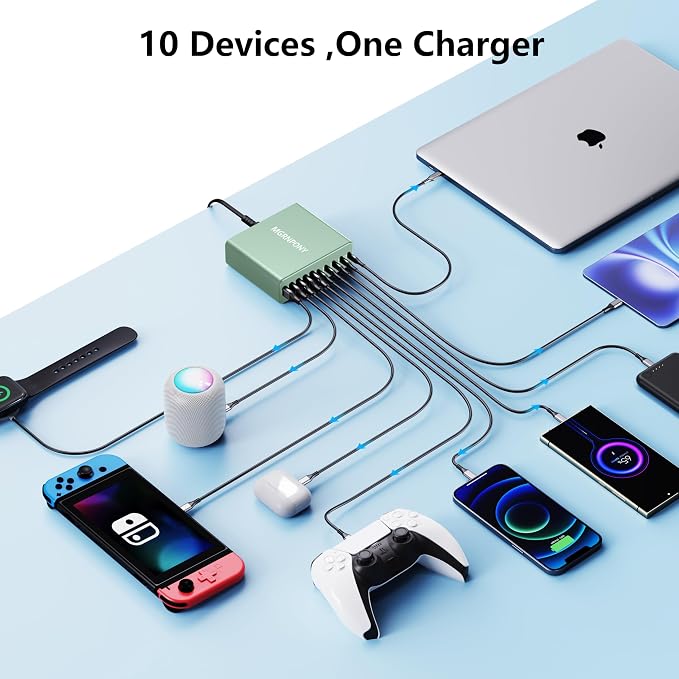320W USB C Charger Block, 10-Port USB C Charging Station GaN III PD 65W PC Laptop Fast Charger Adapter for MacBook Pro/Air, DELL, iPad, iPhone, Samsung Galaxy (Green)