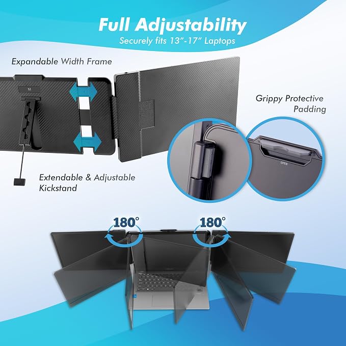 Asani 14" Portable Monitor - Full HD Tri-Screen Extender for Laptops, USB Type-C plus HDMI, Plug and Play, Compatible with 13"-17" Laptops, 1080P IPS Panel Display, 300nits Brightness, MacOS & Windows