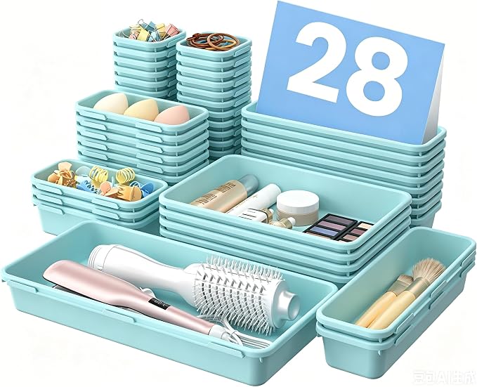 A-LuGei 【Military Grade】 Drawer Organizer, 【𝟱𝗦𝗶𝘇𝗲】 Makeup organizer, 【Holds 177 Items】 Bathroom Organizers and Storage, Organization and Storage, Desk Drawer Organizer for Vanity (Blue)