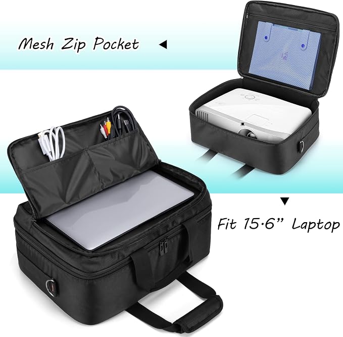 CURMIO Projector Carrying Case, Projector Bag with Laptop Compartment Compatible for Most Major Projector, Bag Only, Black (Patented Design)