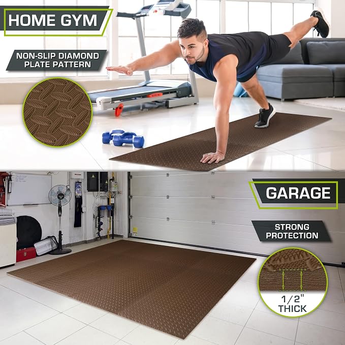 ProsourceFit Exercise Puzzle Mat ½-inch, EVA Interlocking Foam Floor Tiles for Home Gym, Workout Equipment, Kids Play Areas, Brown, 48 Sq Ft - 12 Tiles