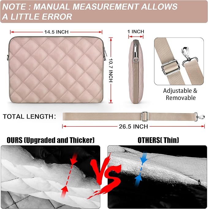 Puffy Quilted Laptop Sleeve with a Removable Shoulder Strap Compatible with MacBook Air/Pro, 13-13.3 inch Notebook, Compatible with MacBook Pro 14 inch M3 M2 M1 Chip 2023-2021