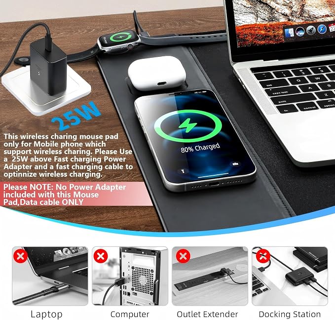 VOVIPO 3 in 1 Wireless Charging Mouse Pad, Gift for Dad/Office Manager,Wireless Charger Compitable with iPhone/Watch/airpods. Wireless Charging Desk Mat 90 x 40cm,Black Topographic Computer Desk Pad