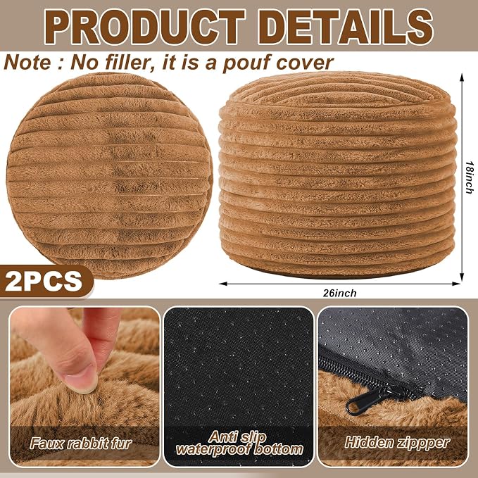 Teenyyou 2 Pcs 26 x 18 Inch Unstuffed Pouf Cover Ottoman Foot Rest - No Filler, Faux Rabbit Fur Foot Stool Floor Bean Bag Floor Chair Storage for Living Room Bedroom Home Decor(Brown)