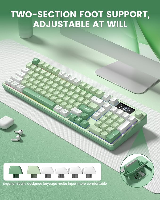 Keymatic Gaming Keyboard Wireless Creamy Keyboard with Media Knob & Screen Cute Keyboard Mechanical Feeling Membrane Keyboard with Number Pad RGB Backlit Tri-Mode BT/2.4GHz/USB-C - Green