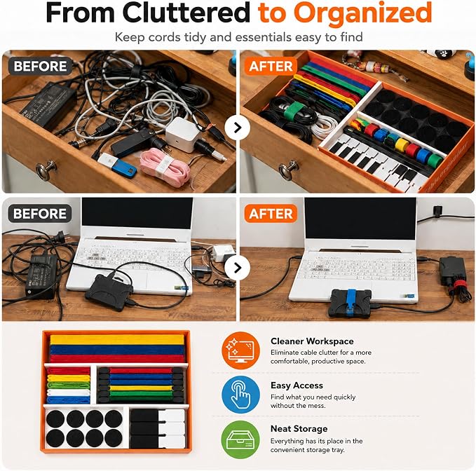 Cable Management Kit, 135Pcs Reusable Hook and Loop Cable Ties, Adhesive Clips, Cord Labels for Desk Cord Organizer Home Office - Multicolor