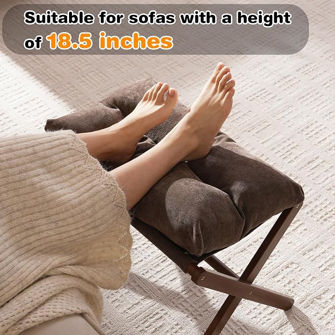 Baveke Ottoman Foot Rest- Bamboo Folding Stool, Foot Stools Small Ottman with Upholstered & X Legs, Foldable Stool for Makeup, Bedroom and Living Room (Large Brown)