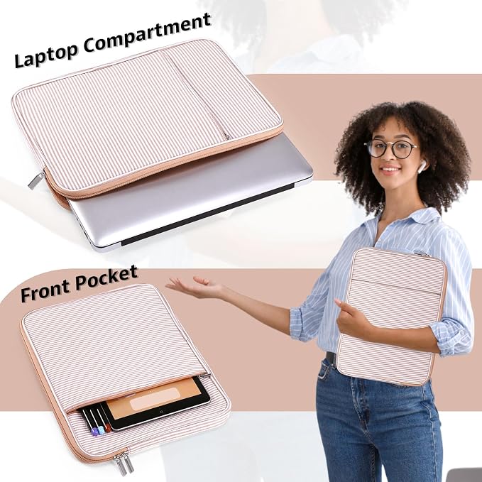 Huhumy Laptop Sleeve Case 13-13.3 inch for Women, Cute Seersucker Laptop Sleeve with Pocket Thin Computer Carrying Bag for Office Business Trip Compatible with Various Laptops Models(Khaki)