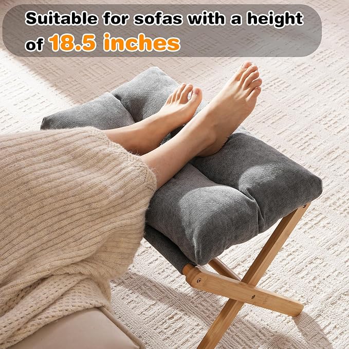 Baveke Folding Upholstered Footrest Stool, Small Accent Ottoman with Thick Cotton Cushion & Bamboo X Legs, Modern Padded Sofa Stool for Makeup Bedroom Living Room, Grey