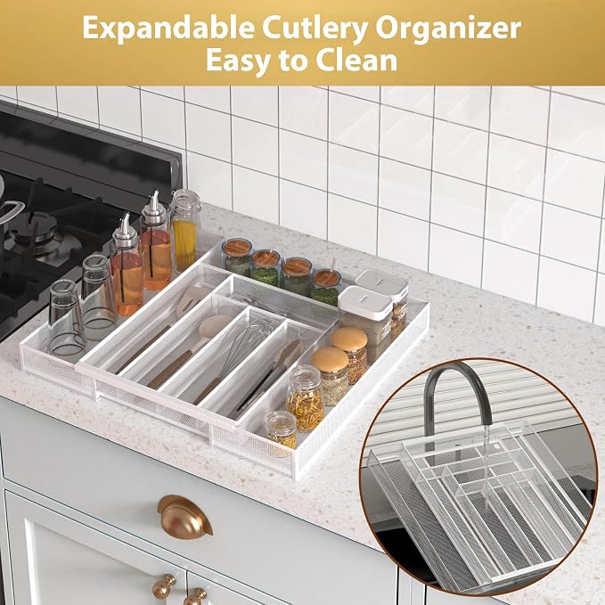 Sedegn Silverware Organizer Metal Mesh, Large Drawer Organizer, Utensil Cutlery Tray for kitchen drawers, Expandable Flatware Organizer with 8 Compartment White 11.6"~20" x 17.3"