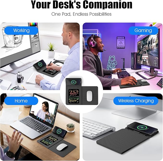 Foldable Wireless Charging Mouse Pad with Writing Tablet,15W Qi Magnetic Fast Charging Travel Mouse Pad,Multi-Functional PU Leather Mat Charging Pad for iPhone Samsung iWatch,Office Home Accessories